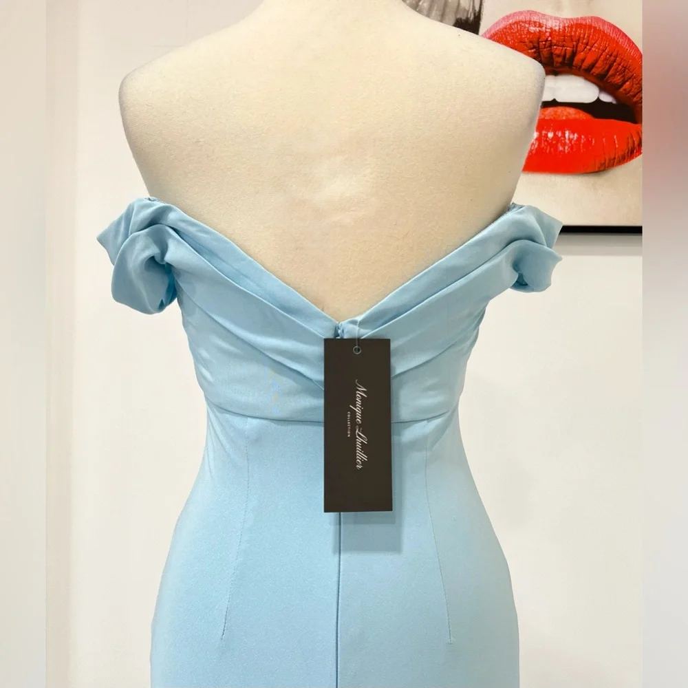 Monique Lhuillier Collection Draped Off-The-Shoulder Silk Gown Blue Maxi Dress - Picture 10 of 15